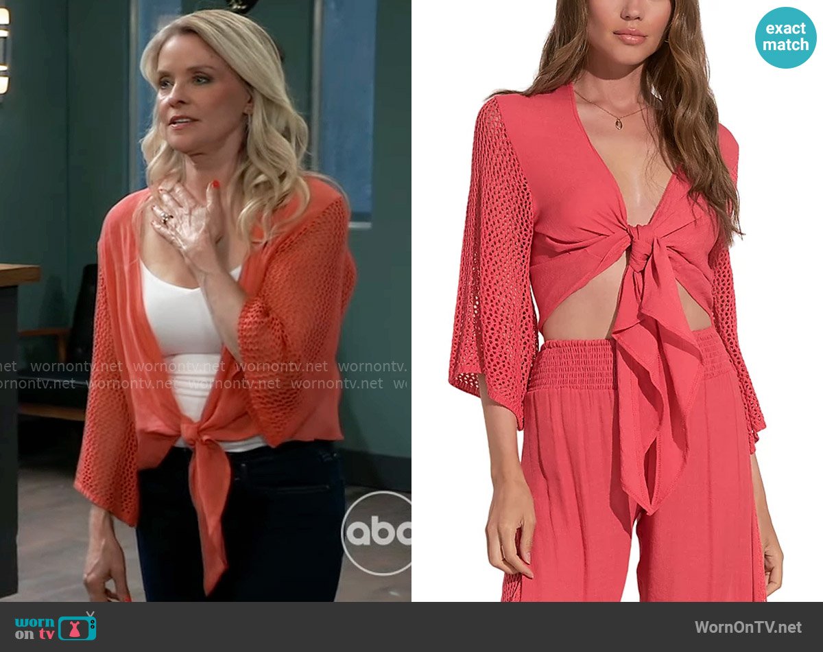 Elan Tie Front Crochet Sleeve Top in Coral worn by Felicia Scorpio (Kristina Wagner) on General Hospital
