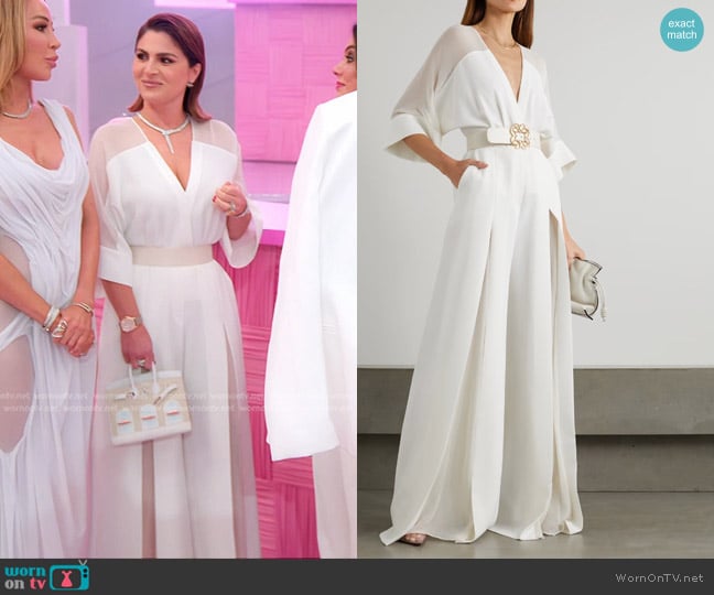 Elie Saab Belted crepe and Silk-georgette Jumpsuit worn by Stephanie Shojaee (Stephanie Shojaee) on The Real Housewives of Miami