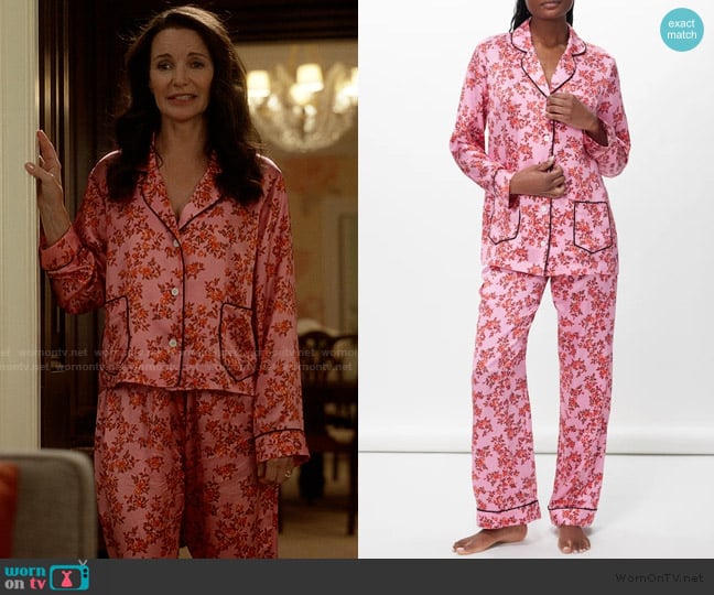 Emilia Wickstead Trina Red Roses on Pink Silk Satin Blouse worn by Charlotte York (Kristin Davis) on And Just Like That