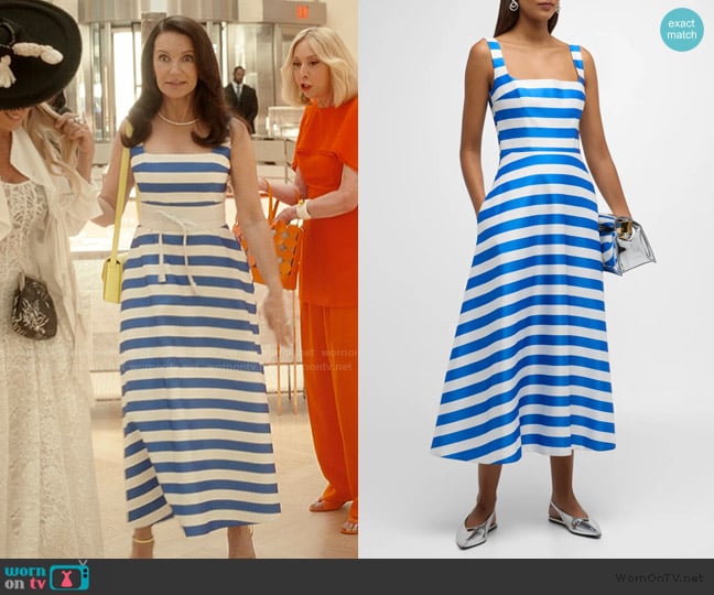 Emilia Wickstead Shilo Striped Square-Neck Sleeveless Midi Dress worn by Charlotte York (Kristin Davis) on And Just Like That