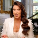 Emily’s white pearl trim confessional blazer on The Real Housewives of Orange County