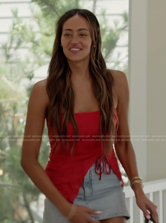 Emira's red strapless asymmetric top on Next Gen NYC