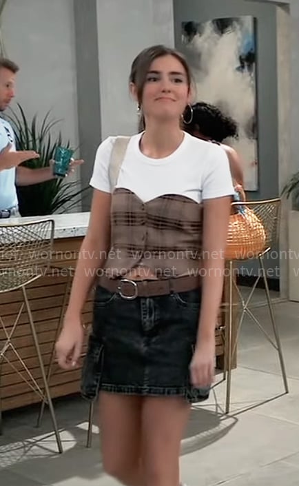 Emma's plaid bustier top and black denim skirt on General Hospital
