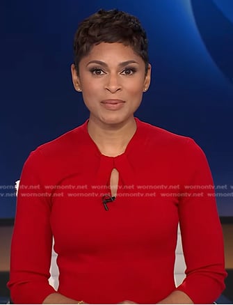 Erika’s red keyhole dress on CBS Evening News