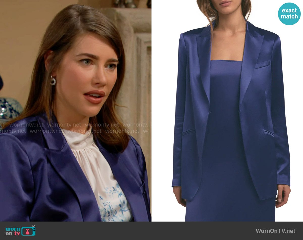Favorite Daughter Satin Blazer in Venetian Blue worn by Steffy Forrester (Jacqueline MacInnes Wood) on The Bold and the Beautiful