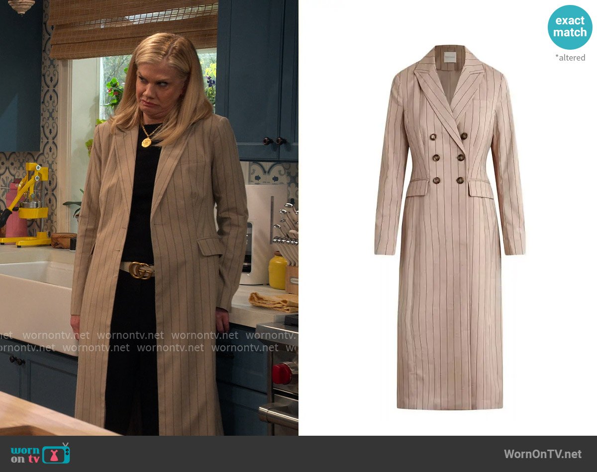 Favorite Daughter The Meyer Double-Breasted Coat in Natural Pinstripe worn by Carol (Kristen Johnston) on Leanne