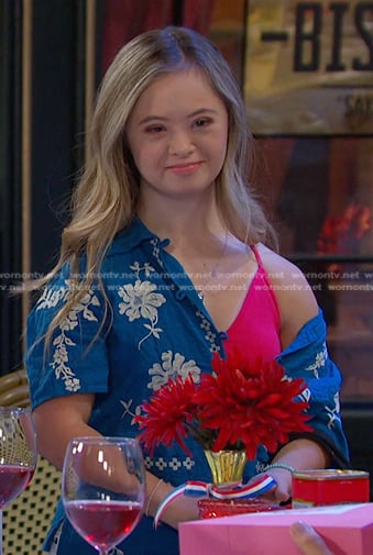 Felicity’s blue floral embroidered shirt on Days of our Lives