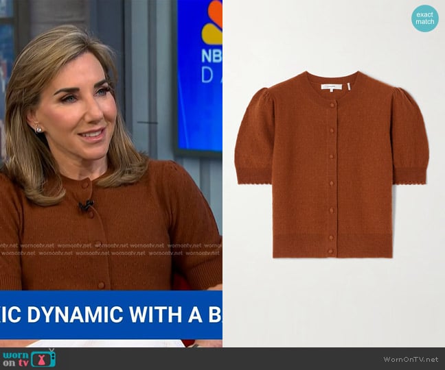 Frame The Cashmere Pointelle Cardigan in Chestnut worn by Laura Gassner Otting on NBC News Daily