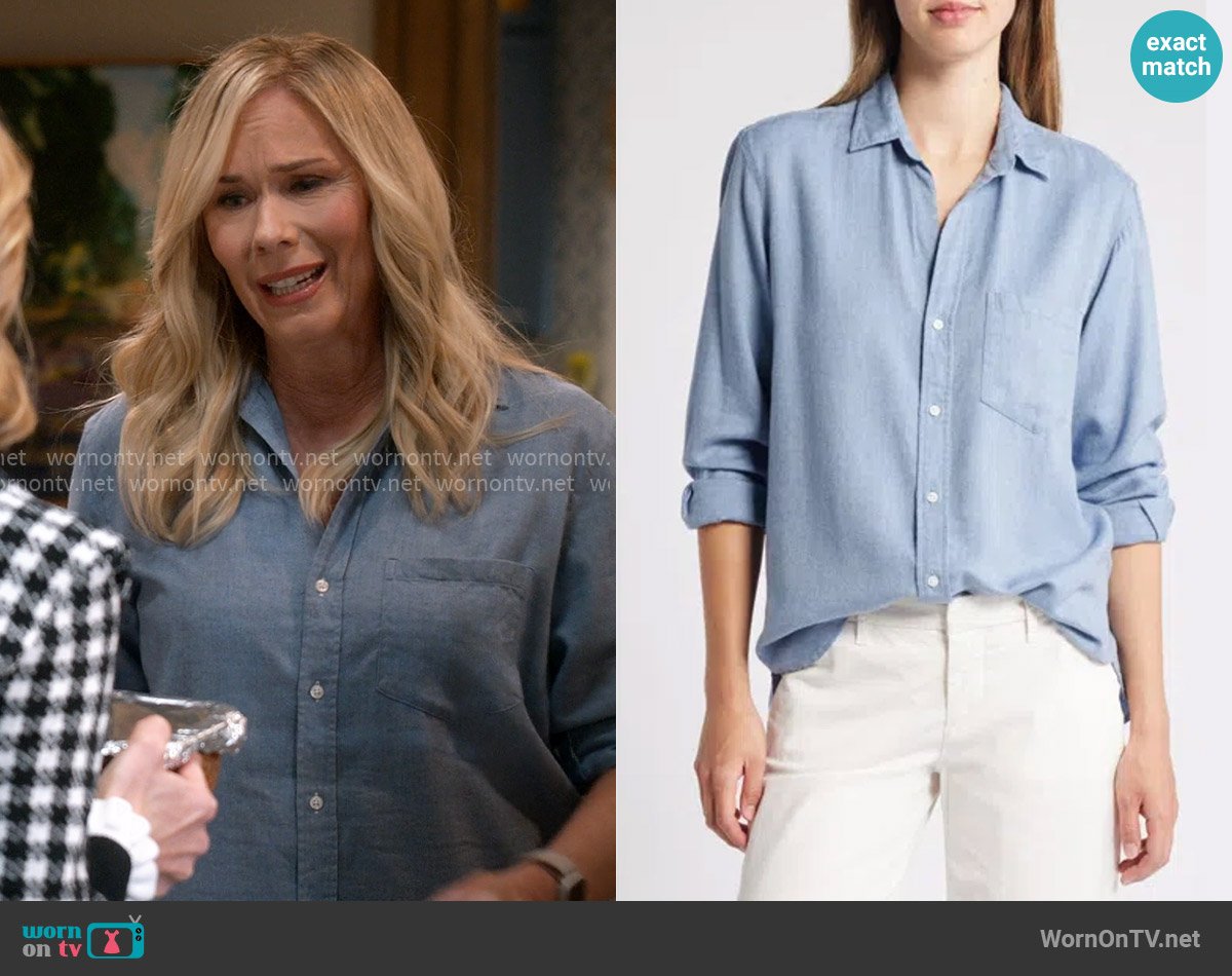 Frank & Eileen Joedy Oversize Herringbone Button-up Shirt In Blue Herringbone worn by Leanne Murphy (Leanne Morgan) on Leanne