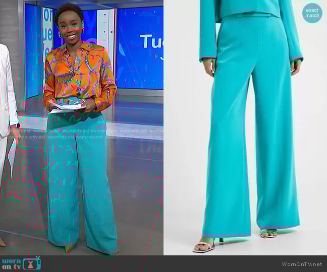 French Connection Echo Crepe Wide Leg Trousers in Jaded Teal worn by Zinhle Essamuah on NBC News Daily