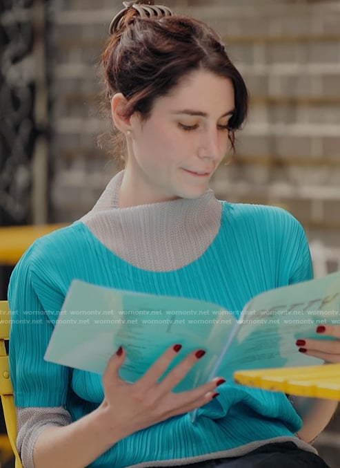 Georgia's blue colorblock top on Next Gen NYC