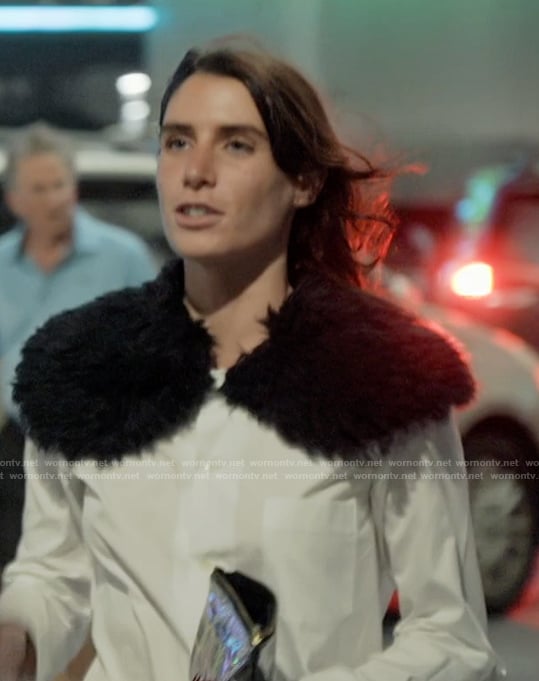 Georgia's white shearling shoulder blouse on Next Gen NYC