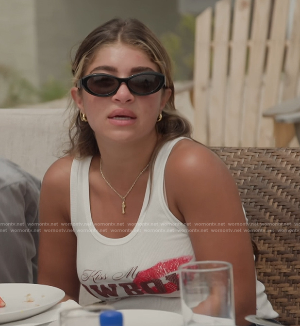 Gia's white printed tank and sunglasses on Next Gen NYC