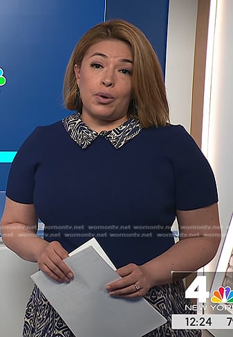 Gilma Avalos’s blue print collared dress on NBC News Daily