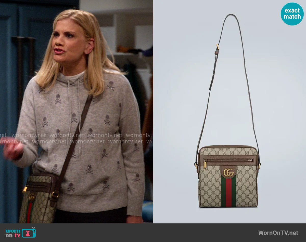 Gucci Ophidia Leather-Trimmed Monogrammed Coated-Canvas Messenger Bag worn by Carol (Kristen Johnston) on Leanne