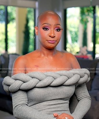 Guerdy's grey off-shoulder confessional dress on The Real Housewives of Miami
