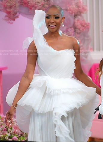 Guerdy's white pleated strapless dress on The Real Housewives of Miami
