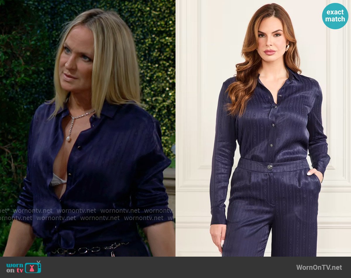 Sharon’s navy button down top on The Young and the Restless