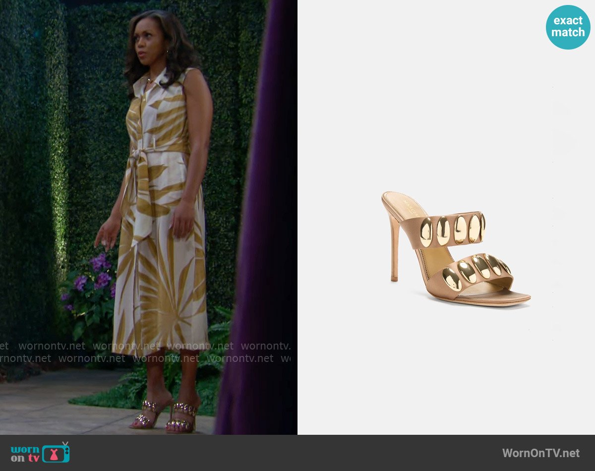 Guess Myra Button Mule worn by Amanda Sinclair (Mishael Morgan) on The Young and the Restless