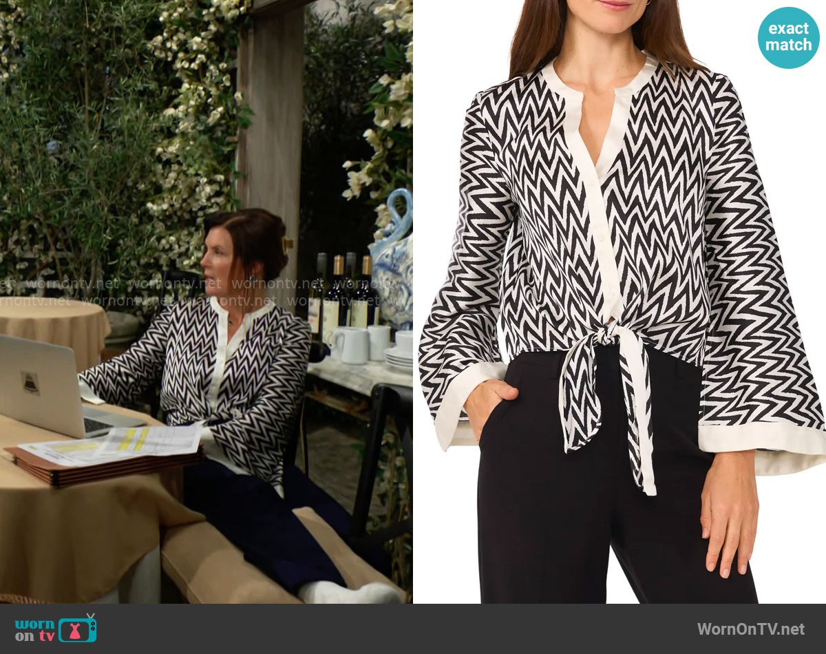 Halogen Stripe Bell Sleeve Tie Front Button-Up Top worn by Sheila Carter (Kimberlin Brown) on The Bold and the Beautiful