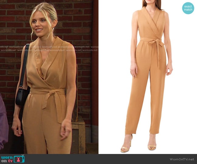 Halogen Tie Waist Surplice V-Neck Jumpsuit worn by Catherina Greene (AnnaLynne McCord) on Days of our Lives