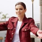 Heather’s burgundy jacket and jeans on The Real Housewives of Orange County