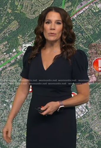 Heather’s navy v-neck puff sleeve dress on Good Morning America