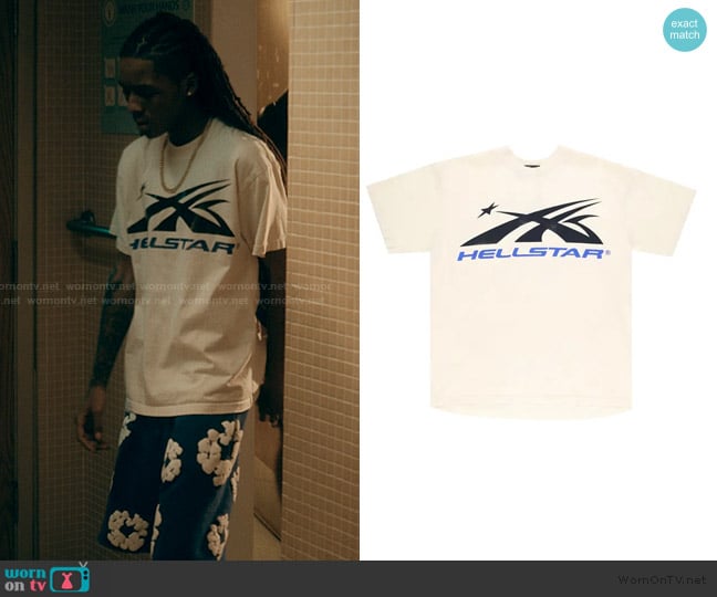 Hellstar Black and Blue Logo Shirt worn by Jake (Michael Epps) on The Chi