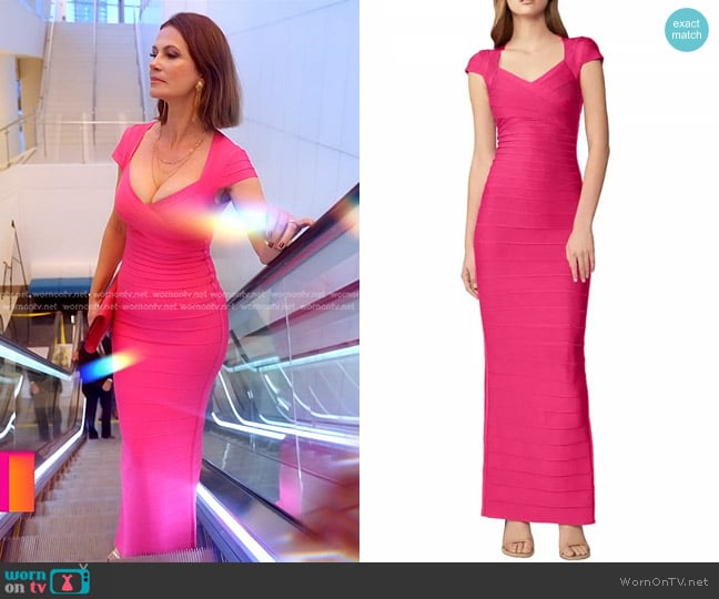 Herve Leger Sweetheart Neck Bandage Dress in Pink worn by Julia Lemigova (Julia Lemigova) on The Real Housewives of Miami