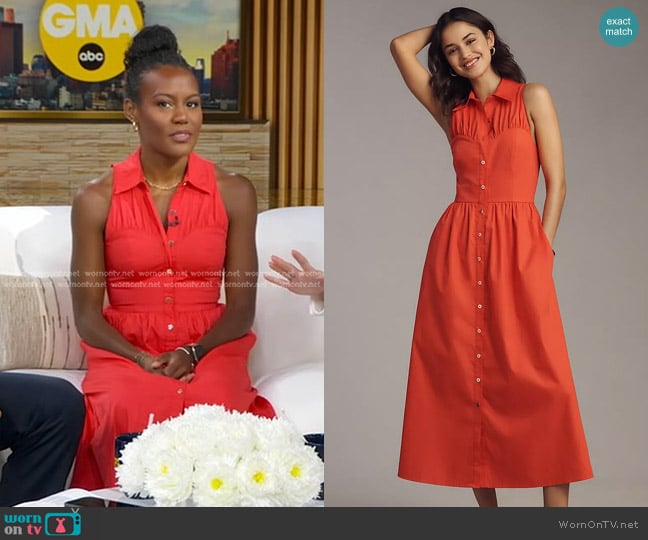 Hutch Vivian Sleeveless Midi Shirt Dress in Poppy Red worn by Janai Norman on Good Morning America