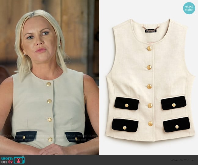 J. Crew Contrast vest in textured linen blend worn by Galyna Saltkovska on The McBee Dynasty Real American Cowboys