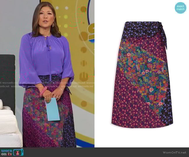J. Crew Floral Midi Wrap Skirt in Purple worn by Juju Chang on Good Morning America