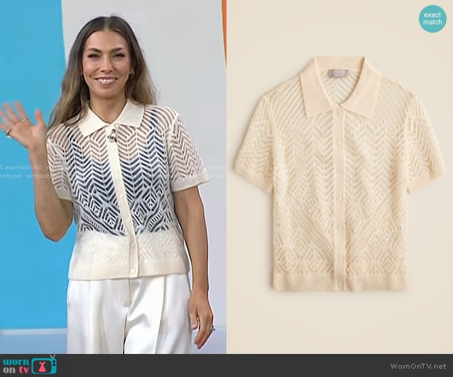J. Crew Sheer Pointelle Button-up Short-sleeve Cardigan in Cashmere Warm Sesame worn by  on Today