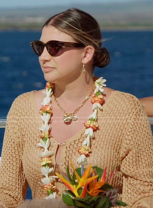 Janet's beige crochet knit dress on The Valley