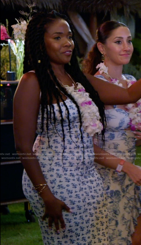 Jasmine's blue floral print dress on The Valley