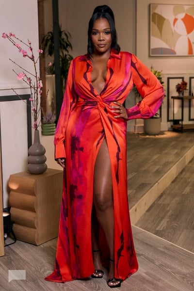 Jasmine’s red printed reunion wrap dress on The Valley