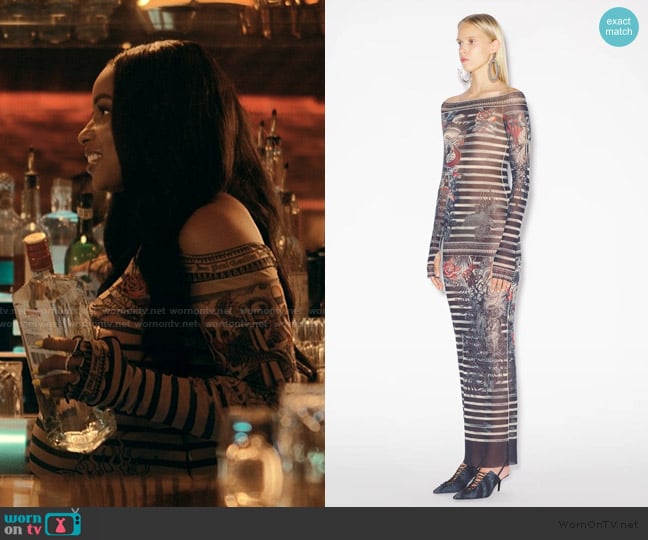 Jean Paul Gaultier The Long Blue Sailor Tattoo Dress worn by Tiffany (Hannaha Hall) on The Chi