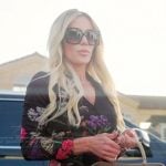 Jennifer’s black floral print dress on The Real Housewives of Orange County
