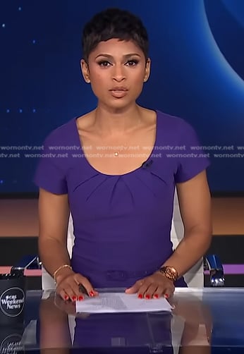 Jericka Duncan’s purple pleated neck dress on CBS Evening News
