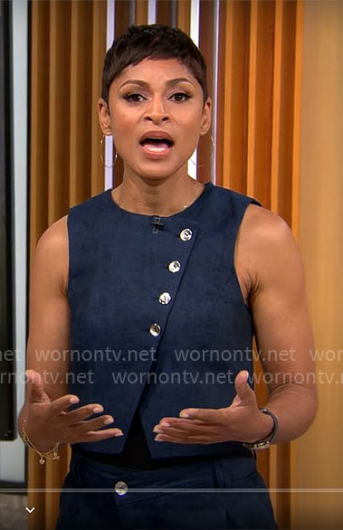 Jericka Duncan's blue asymmetric vest and pants set on CBS Mornings