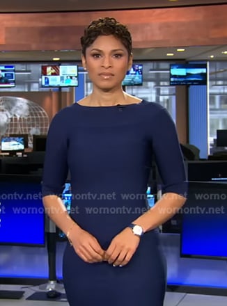 Jericka's navy elbow sleeve dress on CBS Evening News