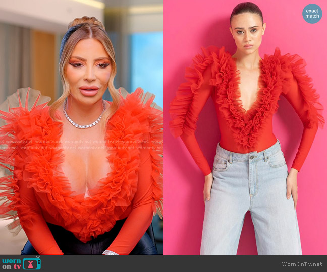 Jessica Bara Heraya Deep V-Neck Ruffle Bodysuit worn by Larsa Pippen (Larsa Pippen) on The Real Housewives of Miami