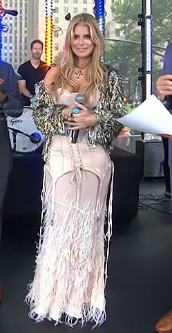 Jessica Simpson’s beige feather trim corset dress on Today