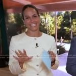 Jess Sims’ round neck jacket and pleated mini skirt on Good Morning America