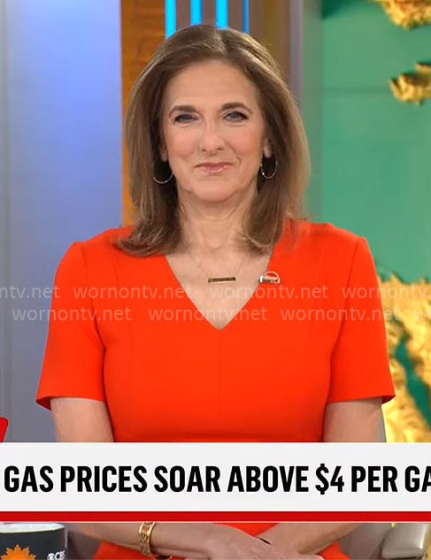 Jill Schlesinger's red v-neck short sleeve dress on CBS Mornings