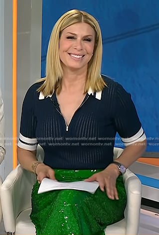 Jill's navy stripe trim polo and green sequin skirt on Today