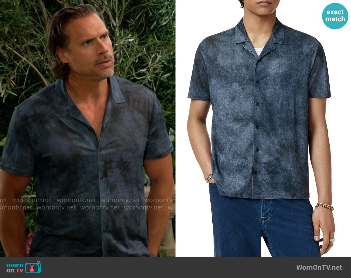 John Varvatos Agosta Camp Shirt in Empire Blue worn by Nick Newman (Joshua Morrow) on The Young and the Restless