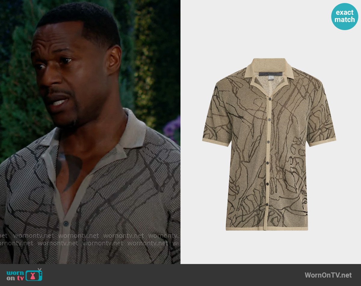 John Varvatos Holt Hand-Drawing Camp Shirt in Spruce worn by Damian Kane (Jermaine Rivers) on The Young and the Restless