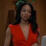 Jordan’s red vest and pants suit on General Hospital