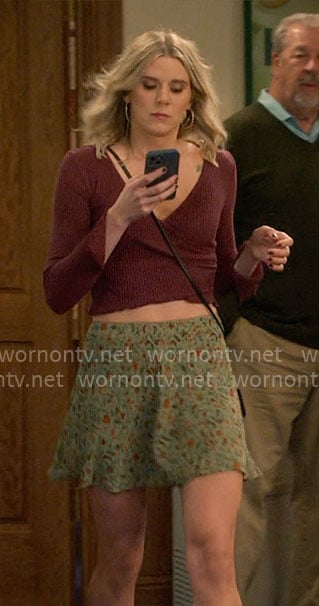 Josie's green floral skirt and burgundy top on Leanne